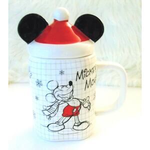 Disney Mickey Mouse Coffee Cup Mug Santa Hat Ears Lid Top Sketch Art Christmas